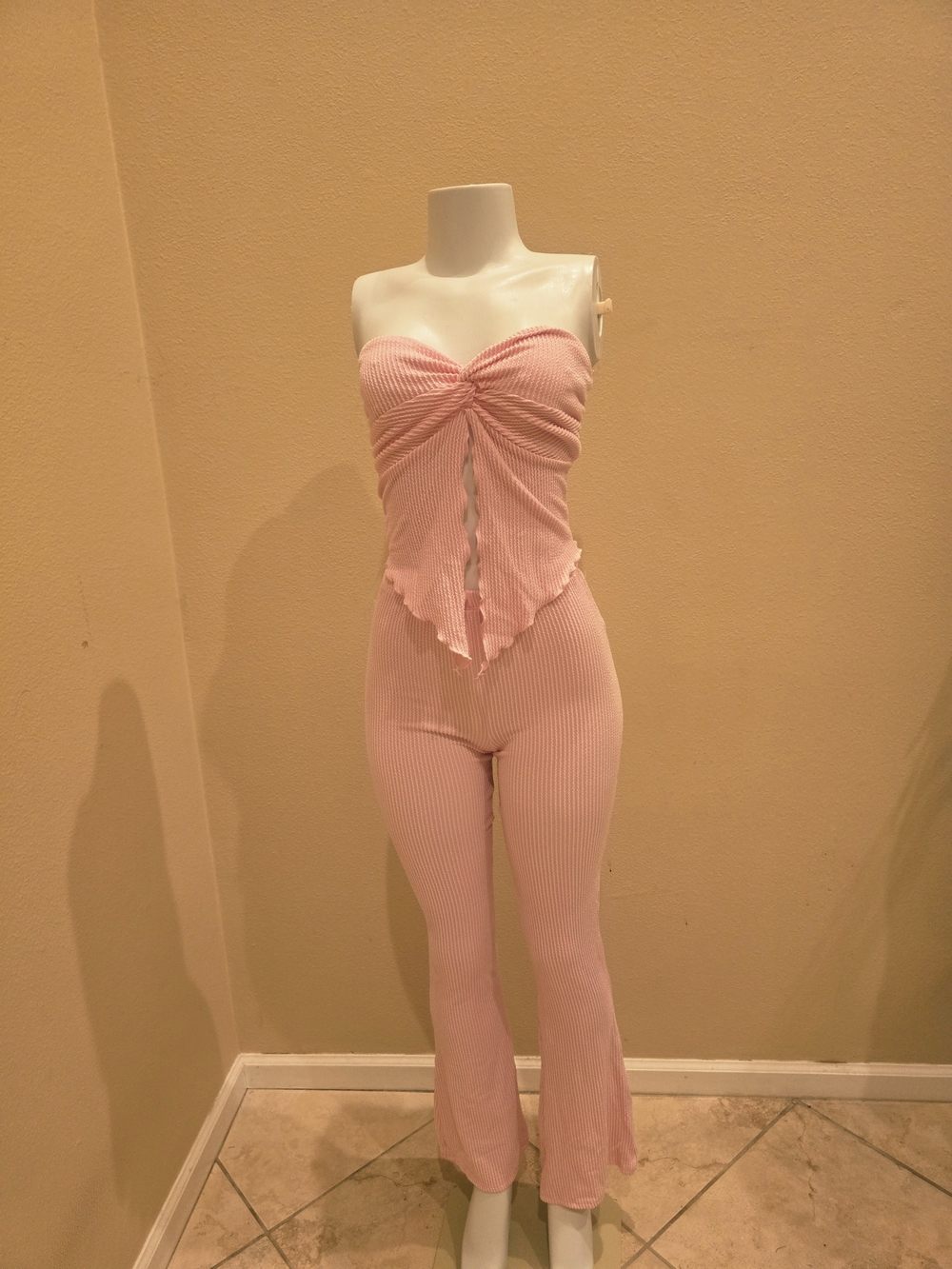 Pink Ribbed Strapless Jumpsuit